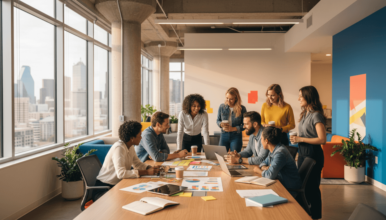 Team members collaborating at a table in a bright modern office