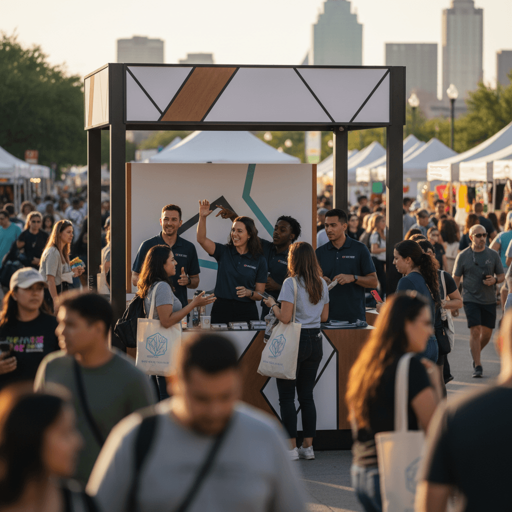 Team conducting pop-up event activation at busy marketplace
