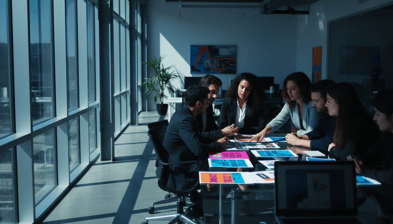 Young professionals collaborating on marketing strategy at Elevate Lab