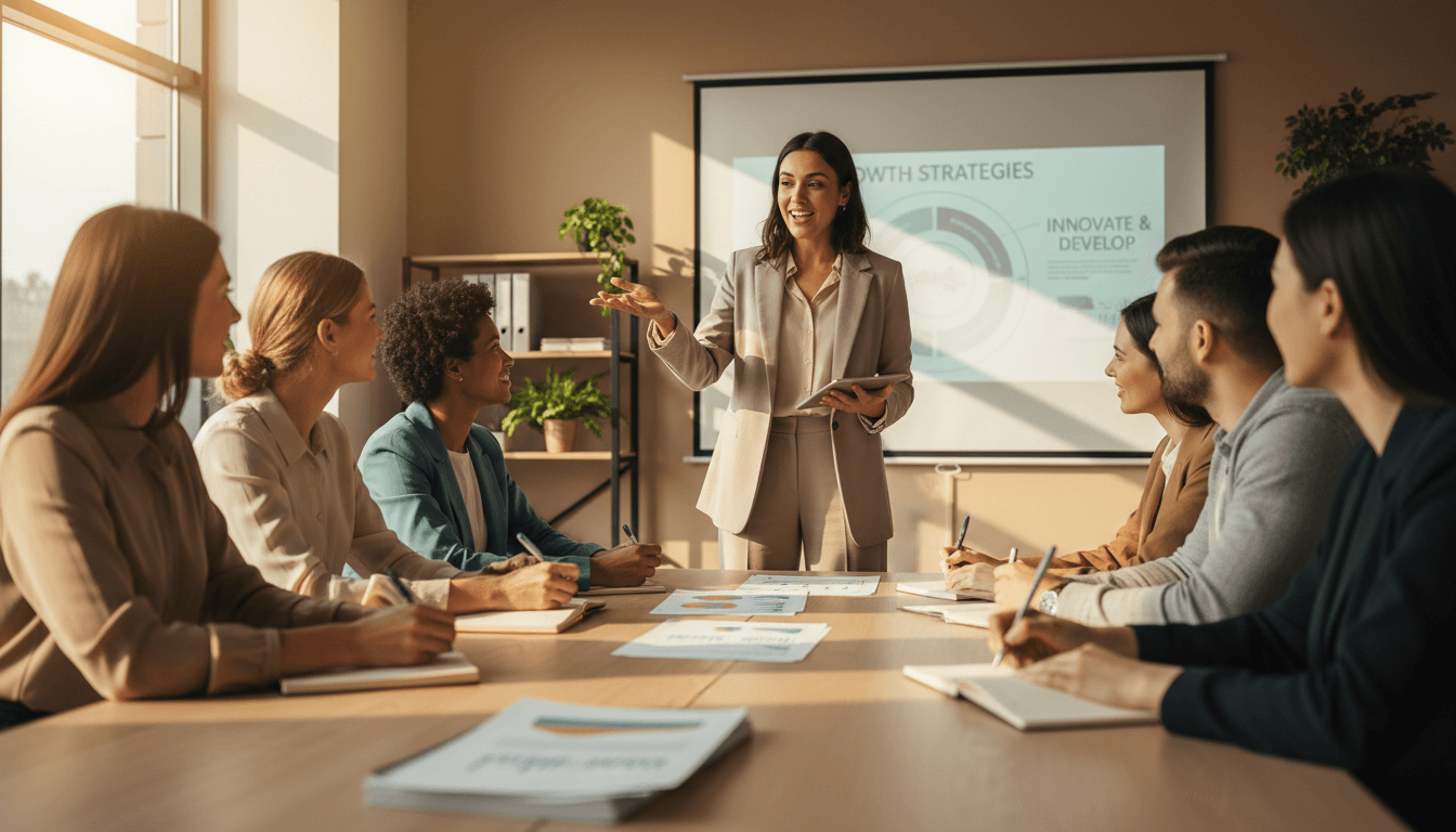 Young professional conducting a training presentation to engaged colleagues