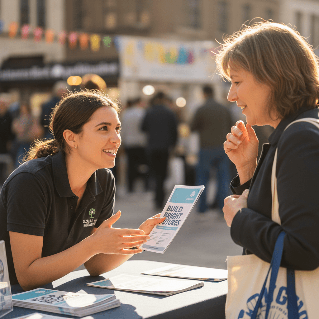 Elevate Lab team member engaging with nonprofit supporter at pop-up activation