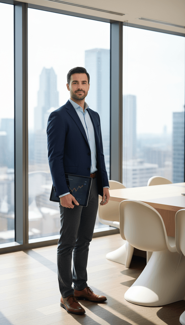 Confident finance professional in business attire standing in modern office with city skyline windows, exuding interview readiness and career confidence